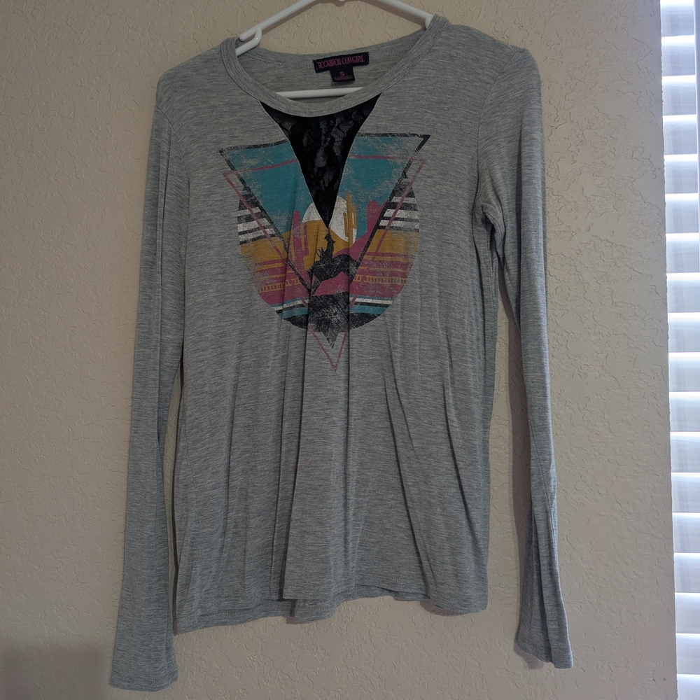 Rock & Roll Cowgirl Gray Graphic Long Sleeve Tee